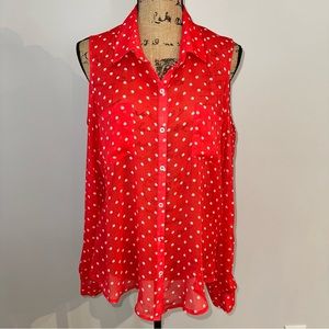 Bongo Red Orange Polka Dot Sheer Cold Shoulder Long Sleeve Button-Up Blouse Top
